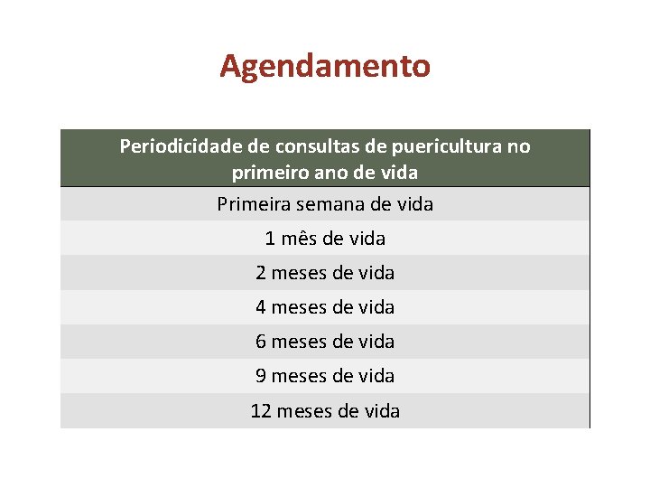 Agendamento Periodicidade de consultas de puericultura no primeiro ano de vida Primeira semana de