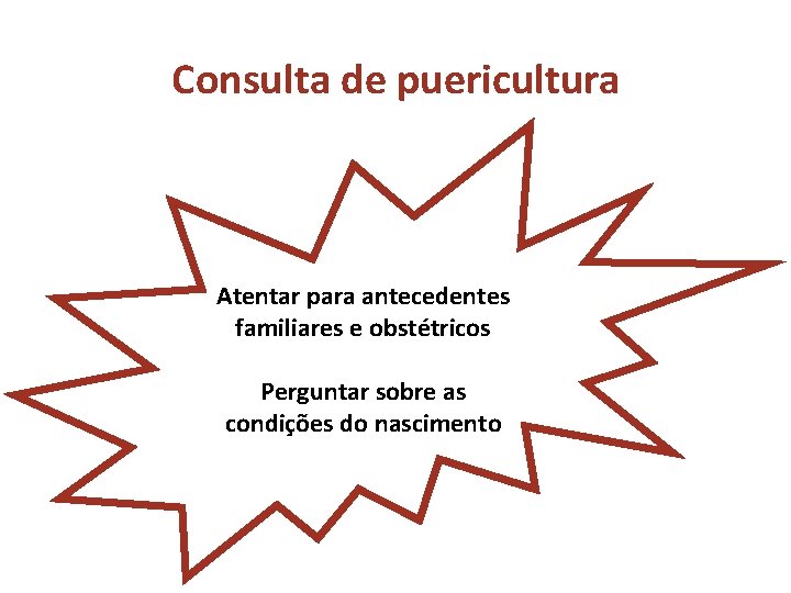 Consulta de puericultura Atentar para antecedentes familiares e obstétricos Perguntar sobre as condições do