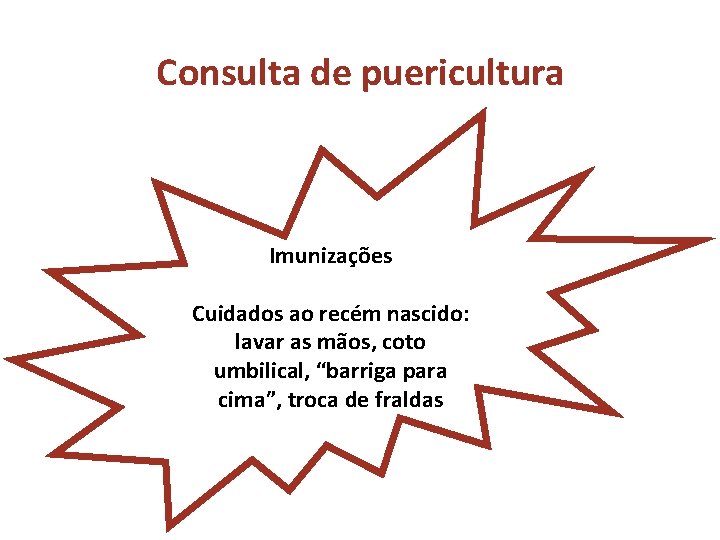 Consulta de puericultura Imunizações Cuidados ao recém nascido: lavar as mãos, coto umbilical, “barriga