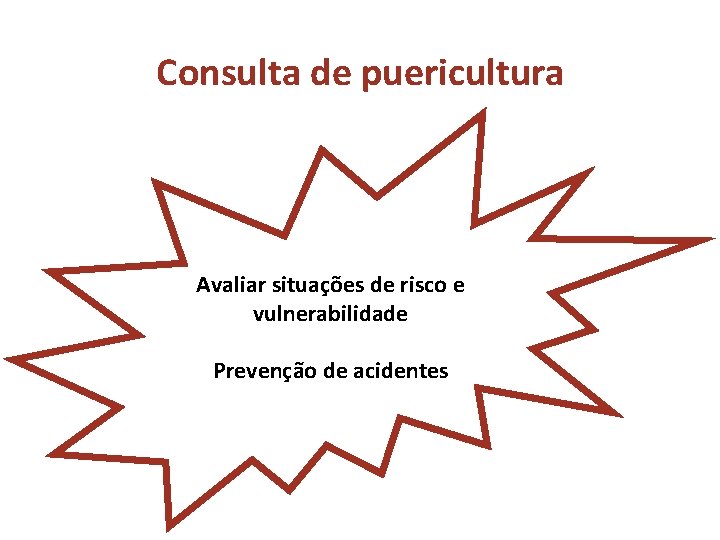 Consulta de puericultura Avaliar situações de risco e vulnerabilidade Prevenção de acidentes 