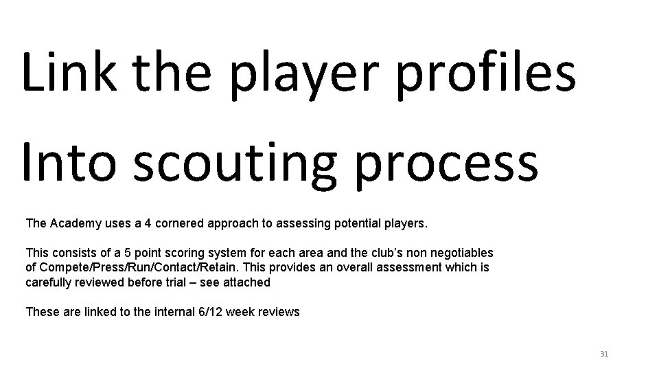 Link the player profiles Into scouting process The Academy uses a 4 cornered approach Link the player profiles Into scouting process The Academy uses a 4 cornered approach