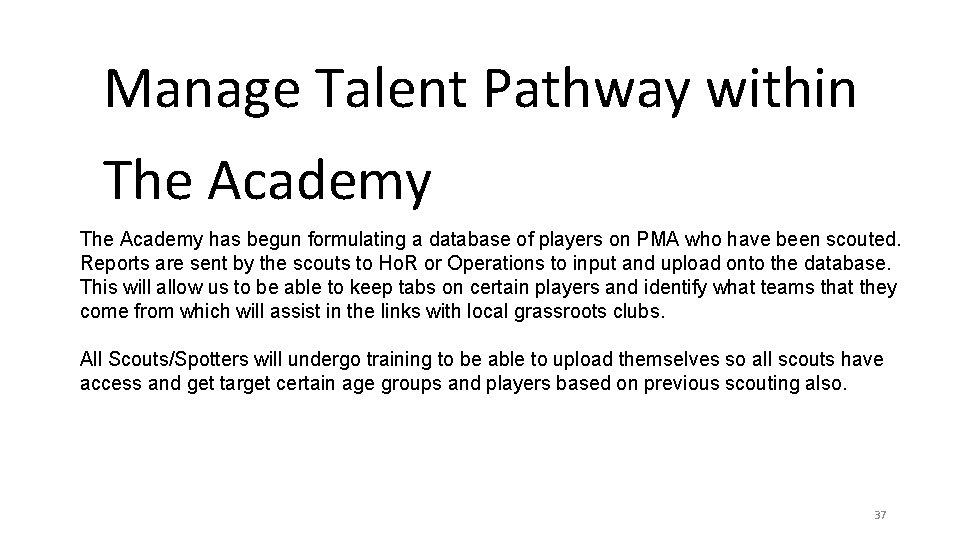 Manage Talent Pathway within The Academy has begun formulating a database of players on Manage Talent Pathway within The Academy has begun formulating a database of players on