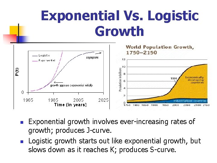 Exponential Vs. Logistic Growth n n Exponential growth involves ever-increasing rates of growth; produces