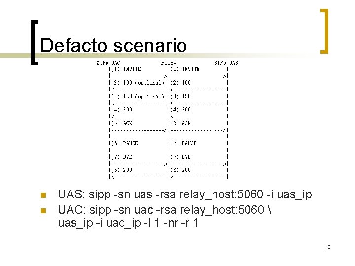 Defacto scenario n n UAS: sipp -sn uas -rsa relay_host: 5060 -i uas_ip UAC: