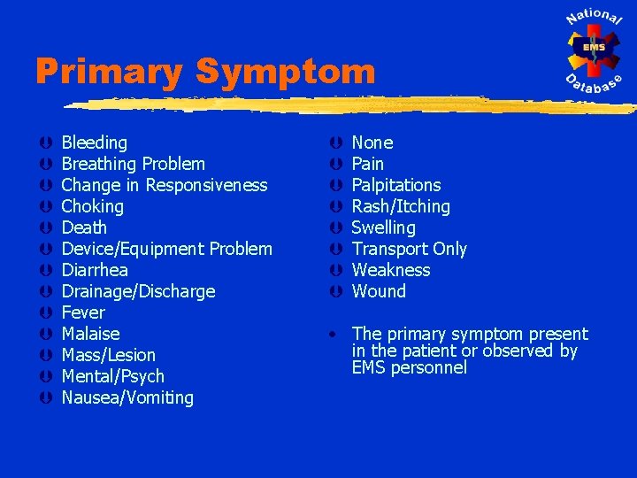 Primary Symptom Þ Þ Þ Þ Bleeding Breathing Problem Change in Responsiveness Choking Death