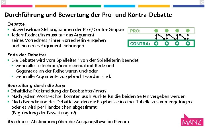 Durchführung und Bewertung der Pro- und Kontra-Debatte: § abwechselnde Stellungnahmen der Pro-/Contra-Gruppe § Jede/r Durchführung und Bewertung der Pro- und Kontra-Debatte: § abwechselnde Stellungnahmen der Pro-/Contra-Gruppe § Jede/r