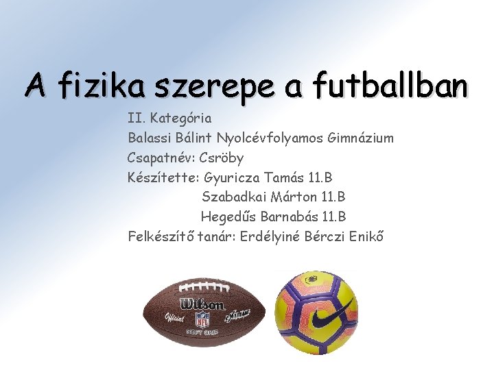 A fizika szerepe a futballban II. Kategória Balassi Bálint Nyolcévfolyamos Gimnázium Csapatnév: Csröby Készítette: