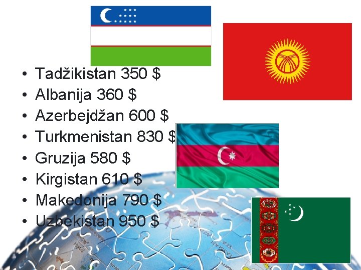  • • Tadžikistan 350 $ Albanija 360 $ Azerbejdžan 600 $ Turkmenistan 830