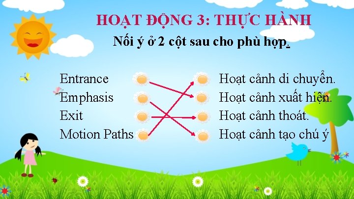 HOẠT ĐỘNG 3: THỰC HÀNH Nối ý ở 2 cột sau cho phù hợp.