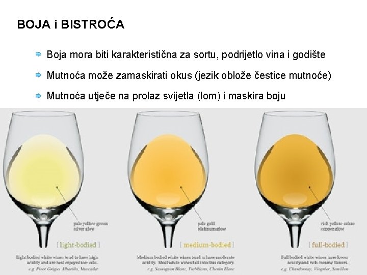 BOJA i BISTROĆA Boja mora biti karakteristična za sortu, podrijetlo vina i godište Mutnoća