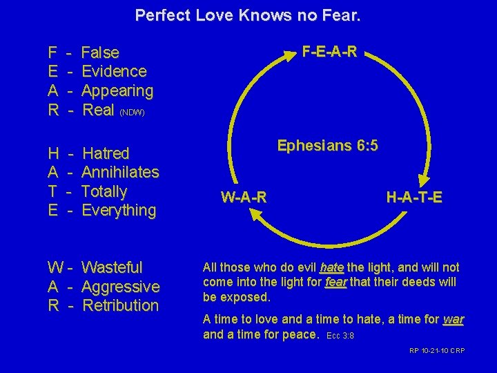 Perfect Love Knows no Fear. F E A R - False Evidence Appearing Real
