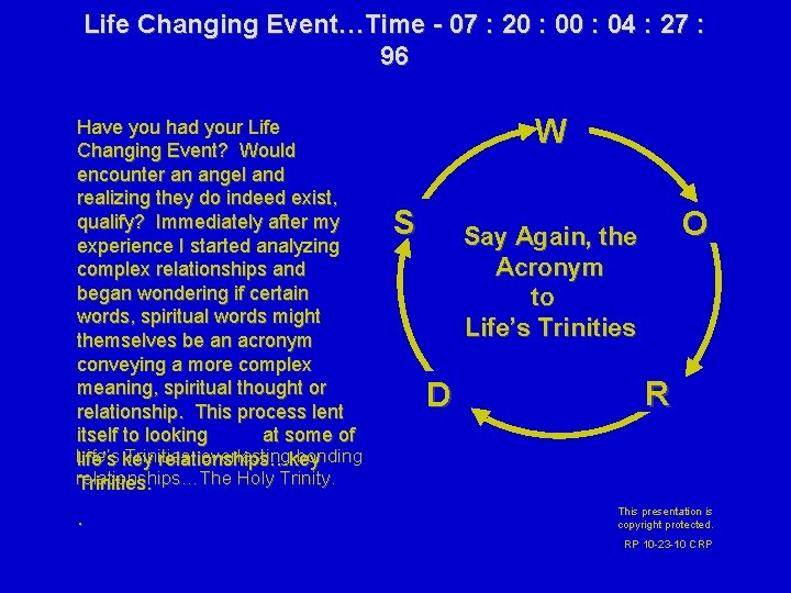 Life Changing Event…Time - 07 : 20 : 04 : 27 : 96 Have