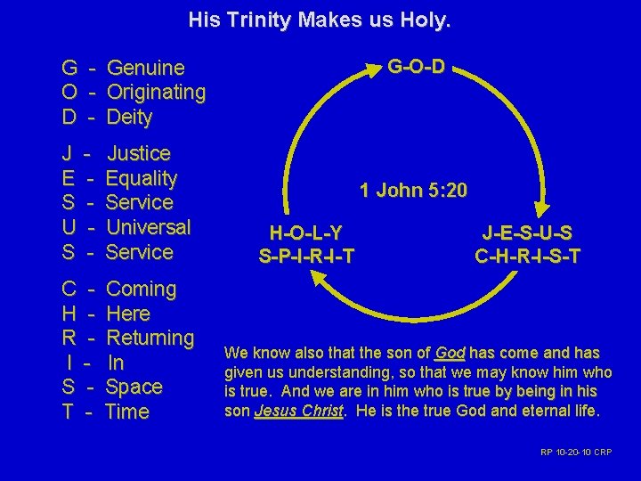 His Trinity Makes us Holy. G O D - G-O-D Genuine Originating Deity J