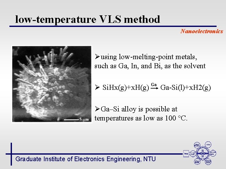 low-temperature VLS method Nanoelectronics Øusing low-melting-point metals, such as Ga, In, and Bi, as
