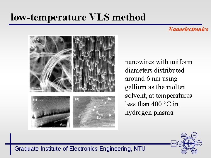 low-temperature VLS method Nanoelectronics nanowires with uniform diameters distributed around 6 nm using gallium
