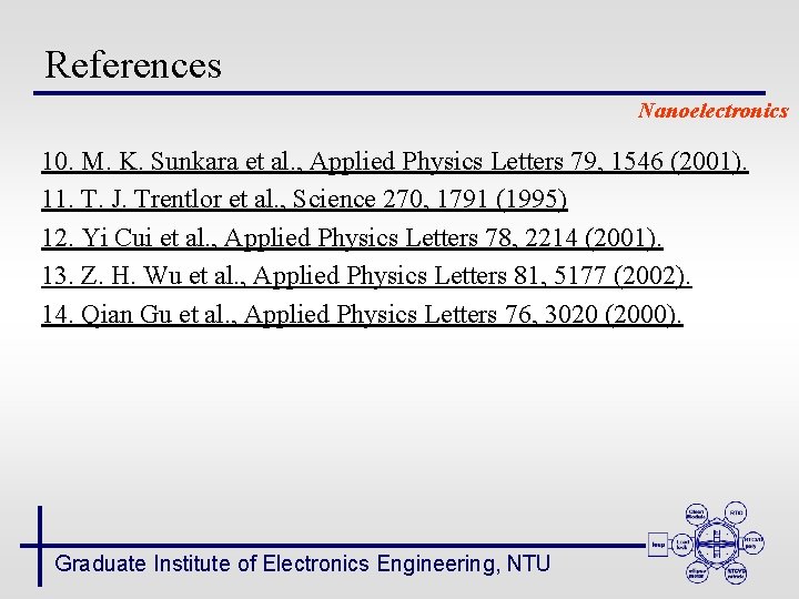 References Nanoelectronics 10. M. K. Sunkara et al. , Applied Physics Letters 79, 1546