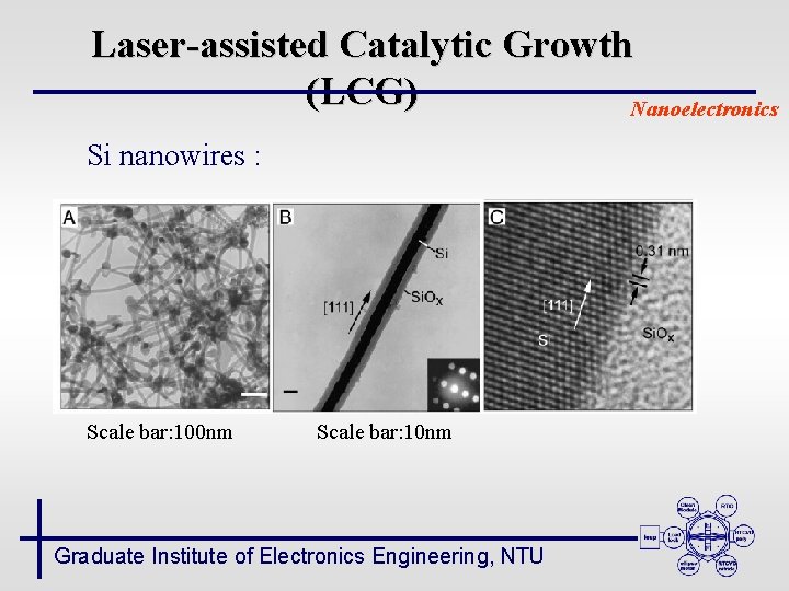 Laser-assisted Catalytic Growth (LCG) Nanoelectronics Si nanowires : Scale bar: 100 nm Scale bar: