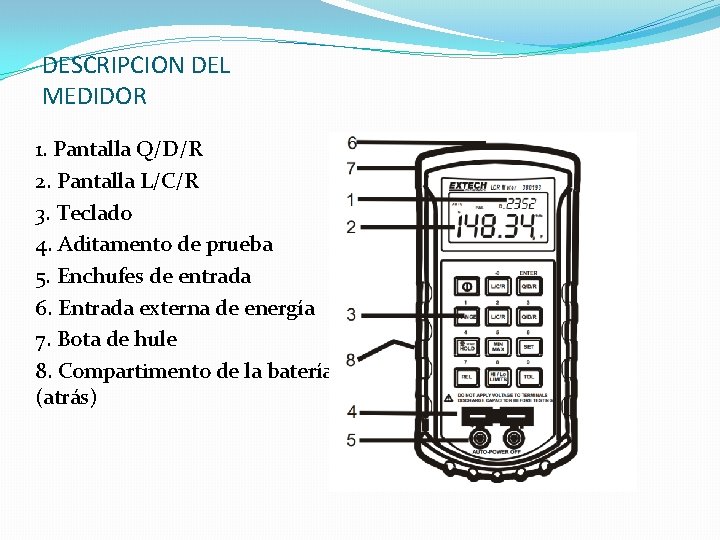 DESCRIPCION DEL MEDIDOR 1. Pantalla Q/D/R 2. Pantalla L/C/R 3. Teclado 4. Aditamento de