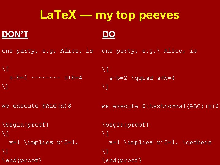 La. Te. X — my top peeves DON’T DO one party, e. g. Alice,