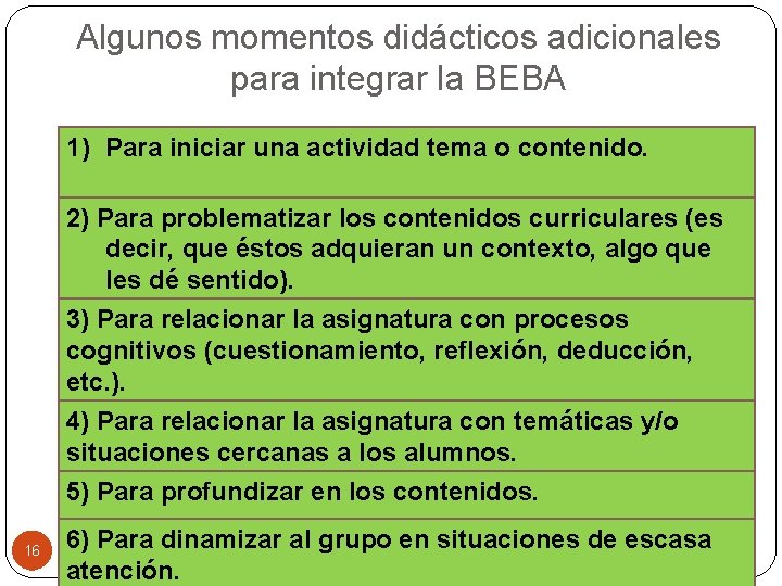 Algunos momentos didácticos adicionales para integrar la BEBA 1) Para iniciar una actividad tema