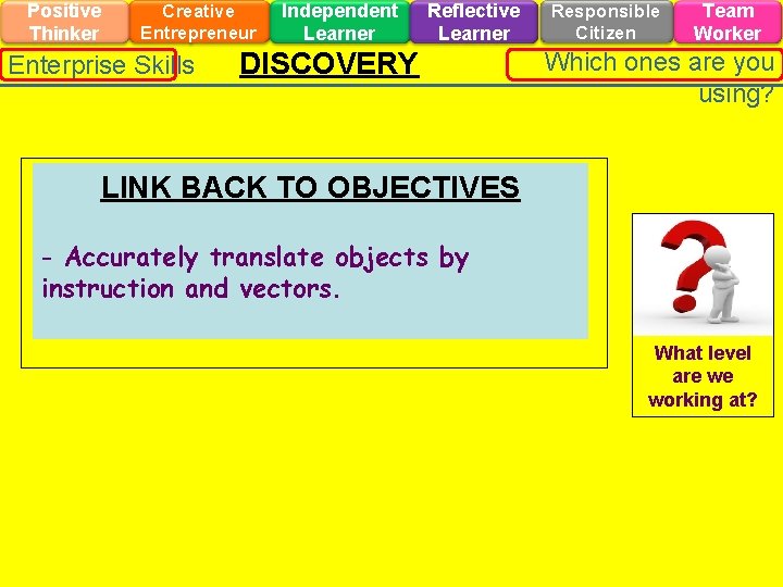 Positive Thinker Creative Entrepreneur Enterprise Skills Independent Learner Reflective Learner DISCOVERY Responsible Citizen Team