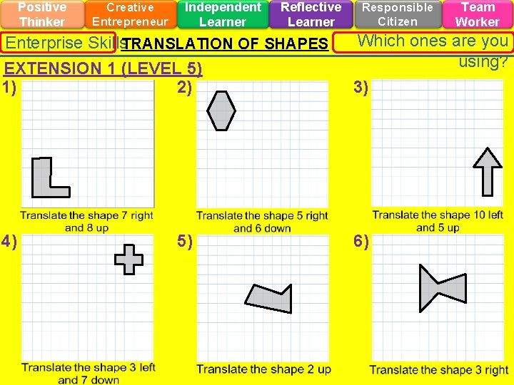 Positive Thinker Creative Entrepreneur Independent Learner Reflective Learner Enterprise Skills. TRANSLATION OF SHAPES Responsible