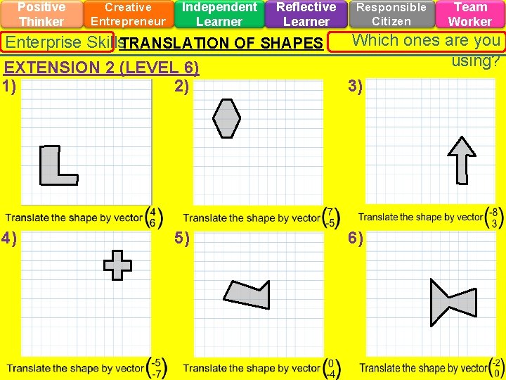 Positive Thinker Creative Entrepreneur Independent Learner Reflective Learner Enterprise Skills. TRANSLATION OF SHAPES Responsible