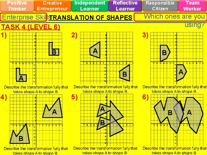 Positive Thinker Creative Entrepreneur Independent Learner Reflective Learner Enterprise Skills. TRANSLATION OF SHAPES TASK