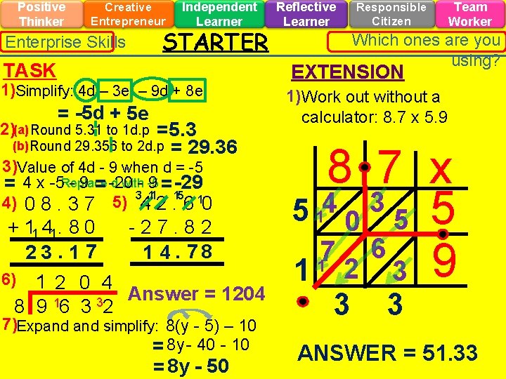 Positive Thinker Creative Entrepreneur Independent Learner STARTER Enterprise Skills TASK 1)Simplify: 4 d –