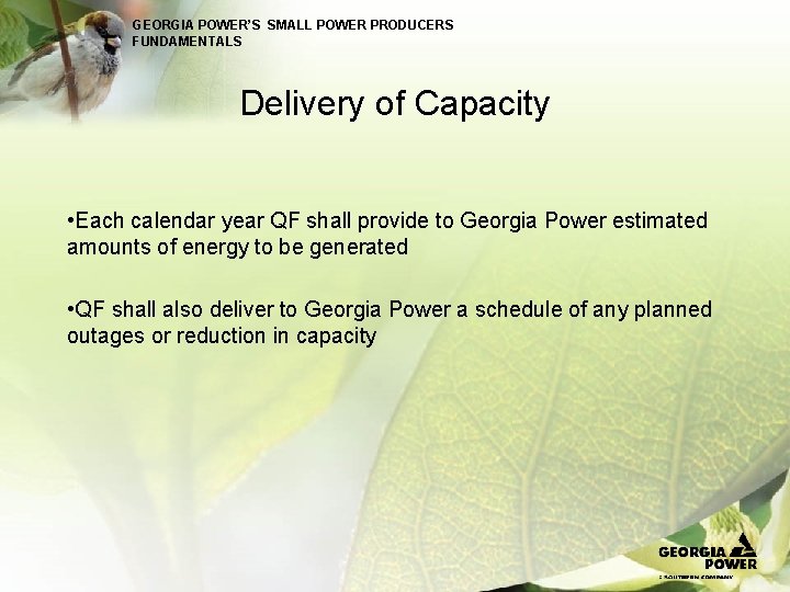 GEORGIA POWER’S SMALL POWER PRODUCERS FUNDAMENTALS Delivery of Capacity • Each calendar year QF