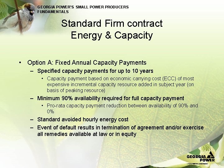 GEORGIA POWER’S SMALL POWER PRODUCERS FUNDAMENTALS Standard Firm contract Energy & Capacity • Option