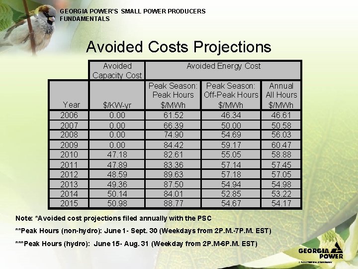 GEORGIA POWER’S SMALL POWER PRODUCERS FUNDAMENTALS Avoided Costs Projections Avoided Capacity Cost Year 2006
