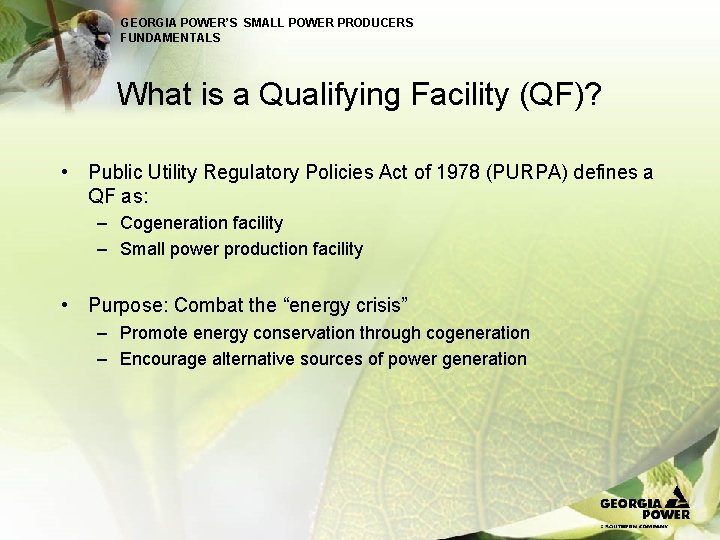 GEORGIA POWER’S SMALL POWER PRODUCERS FUNDAMENTALS What is a Qualifying Facility (QF)? • Public