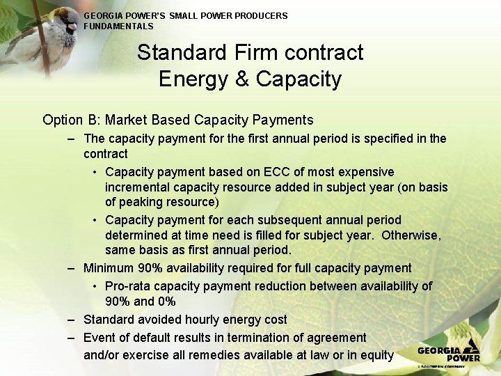 GEORGIA POWER’S SMALL POWER PRODUCERS FUNDAMENTALS Standard Firm contract Energy & Capacity Option B: