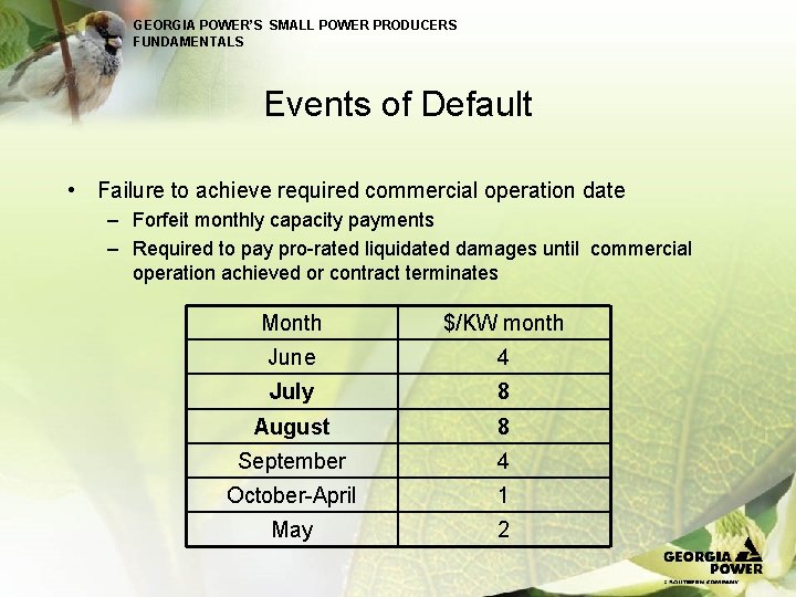 GEORGIA POWER’S SMALL POWER PRODUCERS FUNDAMENTALS Events of Default • Failure to achieve required