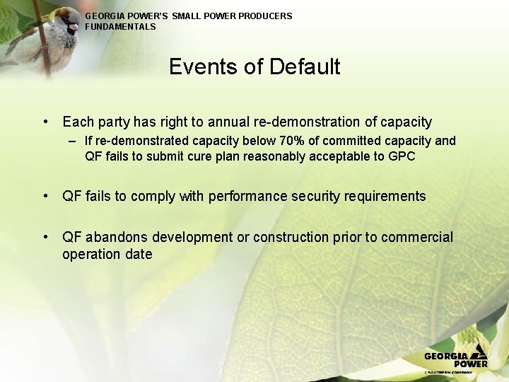 GEORGIA POWER’S SMALL POWER PRODUCERS FUNDAMENTALS Events of Default • Each party has right