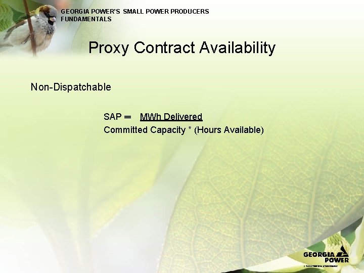 GEORGIA POWER’S SMALL POWER PRODUCERS FUNDAMENTALS Proxy Contract Availability Non-Dispatchable SAP ═ MWh Delivered