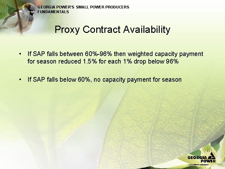 GEORGIA POWER’S SMALL POWER PRODUCERS FUNDAMENTALS Proxy Contract Availability • If SAP falls between