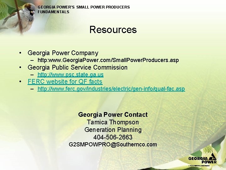 GEORGIA POWER’S SMALL POWER PRODUCERS FUNDAMENTALS Resources • Georgia Power Company – http: www.