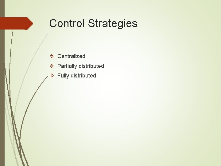 Control Strategies Centralized Partially distributed Fully distributed 