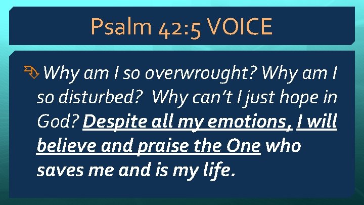 Psalm 42: 5 VOICE Why am I so overwrought? Why am I so disturbed?