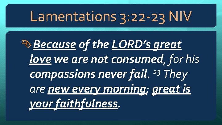 Lamentations 3: 22 -23 NIV Because of the LORD’s great love we are not