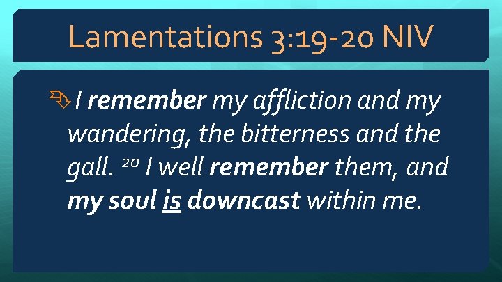 Lamentations 3: 19 -20 NIV I remember my affliction and my wandering, the bitterness