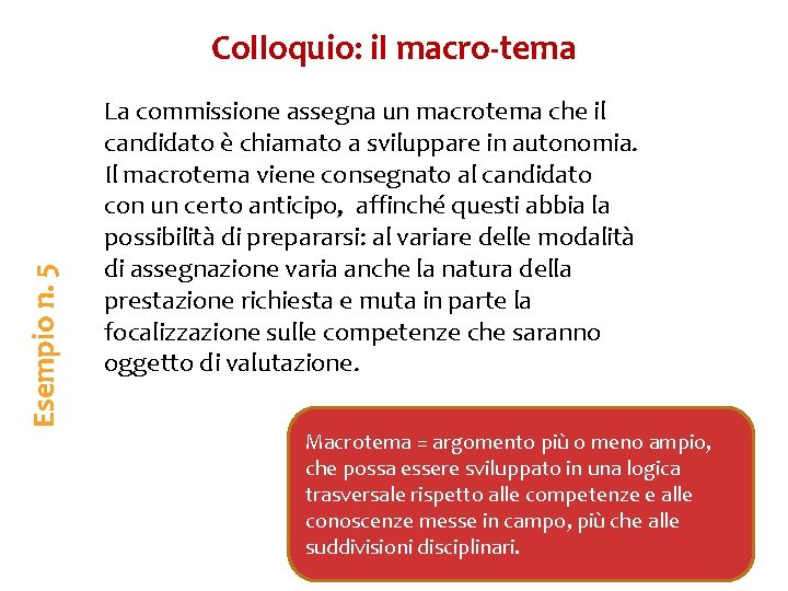 Esempio n. 5 Colloquio: il macro-tema La commissione assegna un macrotema che il candidato