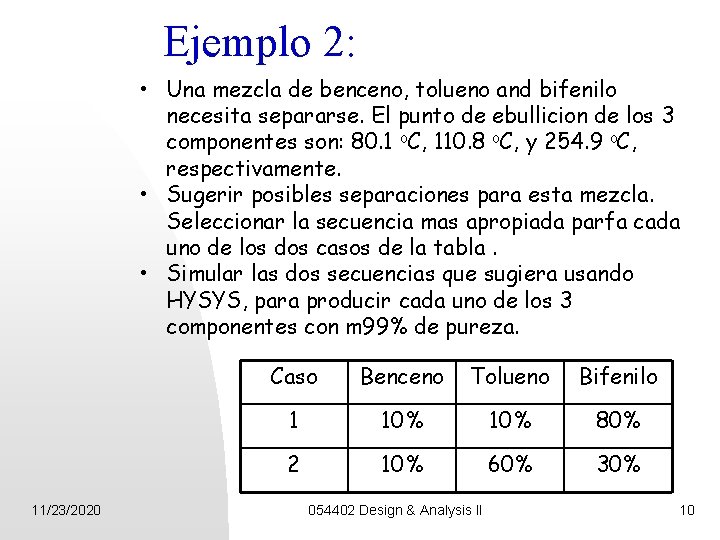 Ejemplo 2: • Una mezcla de benceno, tolueno and bifenilo necesita separarse. El punto