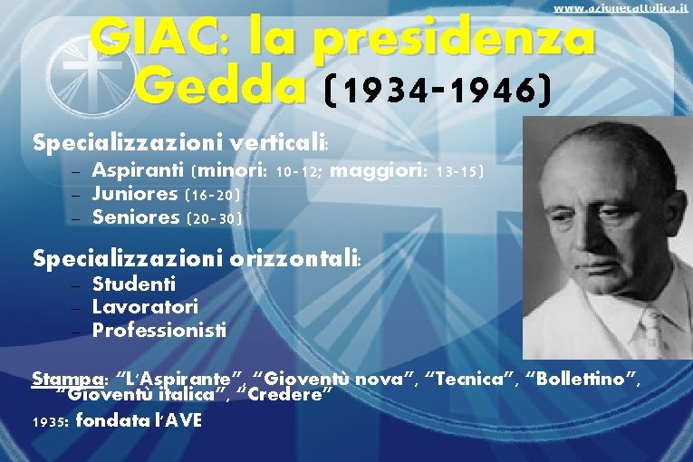 GIAC: la presidenza Gedda (1934 -1946) Specializzazioni verticali: Aspiranti (minori: 10 -12; maggiori: 13