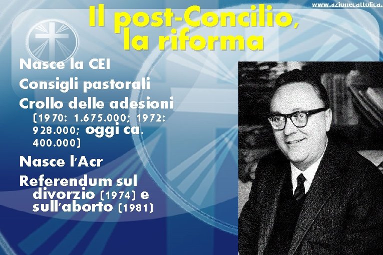 Il post-Concilio, la riforma Nasce la CEI Consigli pastorali Crollo delle adesioni (1970: 1.