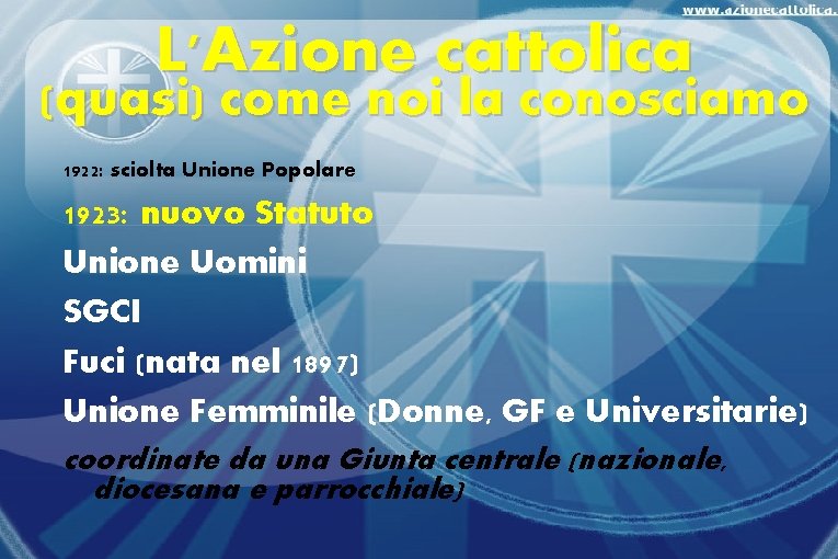 L'Azione cattolica (quasi) come noi la conosciamo 1922: sciolta Unione Popolare 1923: nuovo Statuto