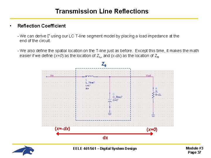 Transmission Line Reflections • Reflection Coefficient - We can derive using our LC T-line Transmission Line Reflections • Reflection Coefficient - We can derive using our LC T-line