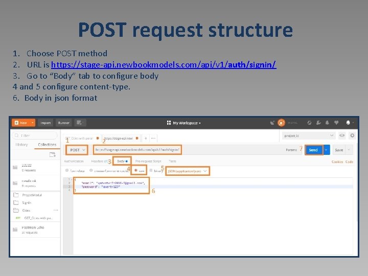 POST request structure 1. Choose POST method 2. URL is https: //stage-api. newbookmodels. com/api/v